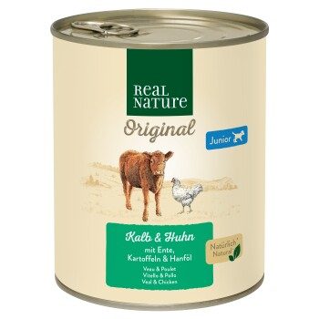 REAL NATURE Original Nassfutter für Hunde Junior Kalb und Huhn 24x800 g