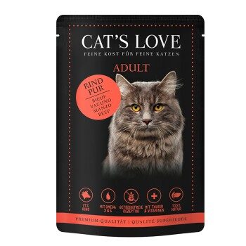 CAT'S LOVE Nassfutter Katze Adult in Gelee Rind pur mit Distelöl und Löwenzahn 48x85 g