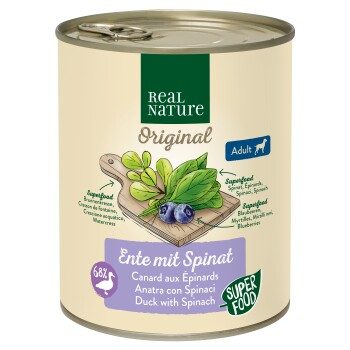 REAL NATURE Original Superfood Nassfutter für Hunde Adult Ente mit Spinat 6x800 g