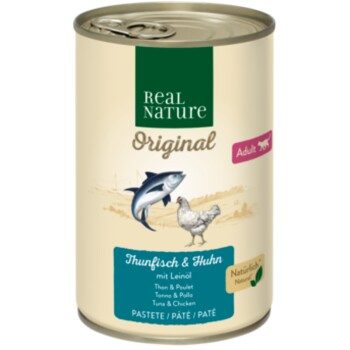 REAL NATURE Original Nassfutter Katze, Adult, Thunfisch und Huhn mit Leinöl 24x400 g