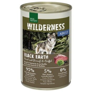 REAL NATURE WILDERNESS Nassfutter Hund Adult Black Earth, Rind mit Strauß und Büffel 6x400 g