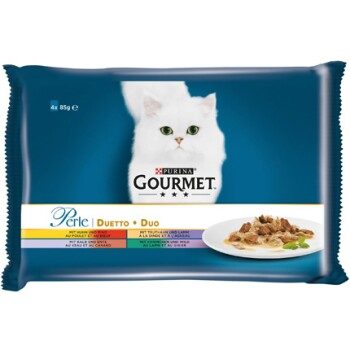 GOURMET PERLE DUETTO Erlesene Streifen in Sauce Katzennassnahrung für ausgewachsene Katzen mit Huhn und Rind, Truthahn und Lamm, Kalb und Ente, Kaninchen und Wild, 4x85g Portionsbeutel