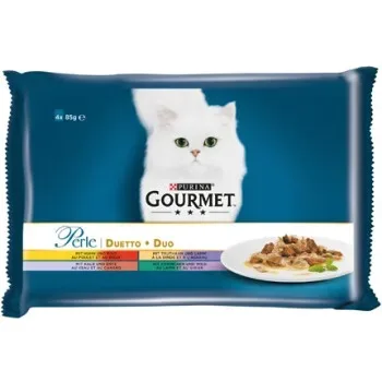 GOURMET PERLE DUETTO Erlesene Streifen in Sauce Katzennassnahrung für ausgewachsene Katzen mit Huhn und Rind, Truthahn und Lamm, Kalb und Ente, Kaninchen und Wild, 4x85g Portionsbeutel