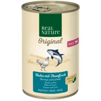 REAL NATURE Original Nassfutter Katze, Adult, Huhn mit Thunfisch, Shrimps und Lachsöl 6x400 g