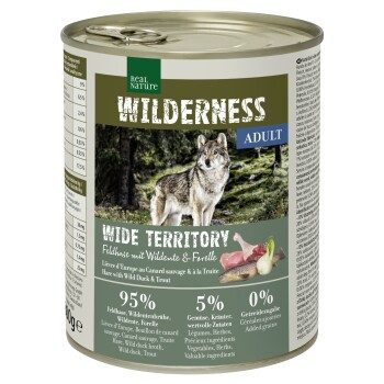 REAL NATURE WILDERNESS Nassfutter für Hunde Adult Wide Territory, Feldhase mit Wildente und Forelle 12x800 g