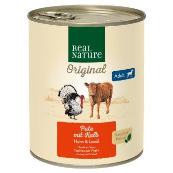 REAL NATURE Original Nassfutter für Hunde Adult Pute mit Kalb 24x800 g