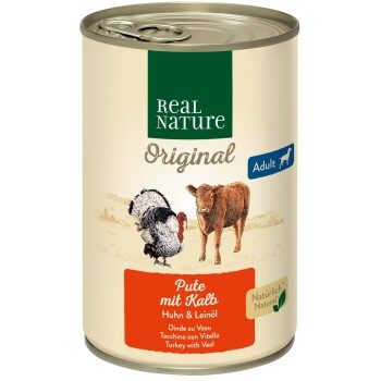 REAL NATURE Original Nassfutter für Hunde Adult Pute mit Kalb 6x400 g