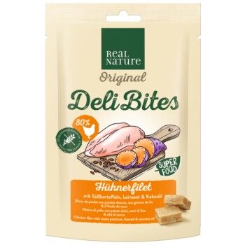 REAL NATURE Original Deli Bites 150g Hühnerfilet mit Süßkartoffeln, Leinsaat und Kokosöl
