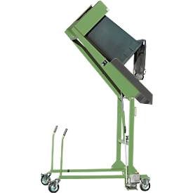 Mülltonnen-Kippstation MKS, für 120 & 240 l Tonnen, Ausschütth. 1480 mm, Kippw. 135°, bis 110 kg, Rollen, Handpumpe, RAL 6011