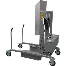 Mülltonnen-Kippstation MKS, für 120 & 240 l Tonnen, Ausschütthöhe 1480 mm, Kippwinkel 135°, bis 110 kg, Rollen, 230 V, RAL 7005