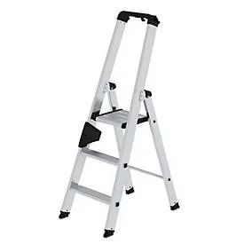 Munk Stufen-Stehleiter, Aluminium, einseitig begehbar, geriffelte Stufen, bis 150 kg, nivello® Leiterschuhe, 3 Stufen