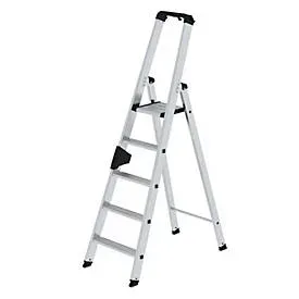 Munk Stufen-Stehleiter, Aluminium, einseitig begehbar, geriffelte Stufen, bis 150 kg, nivello® Leiterschuhe, 5 Stufen