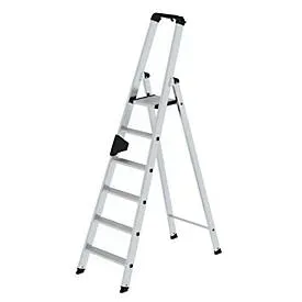 Munk Stufen-Stehleiter, Aluminium, einseitig begehbar, geriffelte Stufen, bis 150 kg, nivello® Leiterschuhe, 6 Stufen