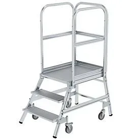 Munk Podesttreppe, 3 Stufen, einseitig begehbar, Rechteckrohr-Holme, Plattform B 600 x T 800 mm, 3-seitiges Geländer, max. 150 kg