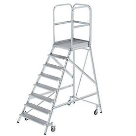 Podesttreppe einseitig begehbar mit Federrollen Aluminium geriffelt 8 Stufen