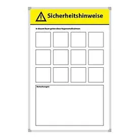 Magnettafel Hygienehinweise, 12 gelbe Magnete, beschreibbar, Stahlblech/Aluminium, weiss, B 450 x H 600 mm