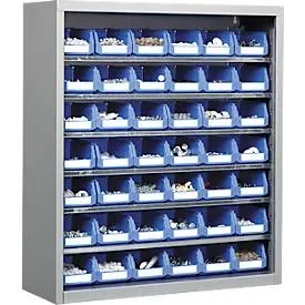 Magazinregal, 830 mm hoch, mit 6 Böden, inkl. 42 Kästen, hellsilber