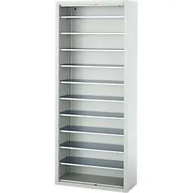 Magazinregal C+P Serie 13, ohne Sichtlagerkästen, 10 Fachböden, abschliessbar, B 700 x T 300 x H 1690 mm, Stahl, lichtgrau RAL 7035