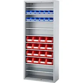 Magazinregal C+P Serie 13, mit 28 Sichtlagerkästen SSI Schäfer Serie PROFI LF 211/221, 10 Fachböden, abschliessbar, B 700 x T 300 x H 1690 mm, Stahl, weissaluminium RAL 9006