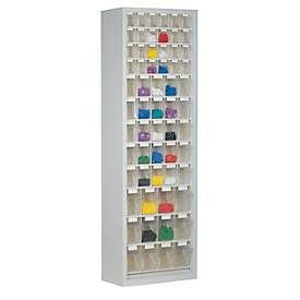 Magazinschrank, Volumen 333 l, 61 herausnehmbare Klappkästen mit Griffmulde, B 665 x T 250 x H 2000 mm, lichtgrau/transparent