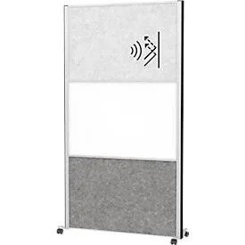 MAUL Stellwandsystem MAULconnecto, 1x Akustikvlies hell, 1x Akustikvlies dunkel, 1x Whiteboard, Klettverbindung, auf Rollen, H 1800 x B 1000 mm, silber