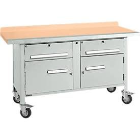 Mobile Werkbank Schäfer Shop Select PWi 150-0, Buche Multiplexplatte, mit Stahlkante, bis 400 kg, B 1500 x T 700 x H 840 mm