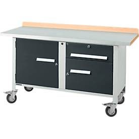 Mobile Werkbank Schäfer Shop Select PWi 150-3, Buche-Dekor Multiplexplatte, mit Stahlabdeckung, bis 400 kg, B 1500 x T 700 x H 840 mm
