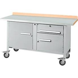 Mobile Werkbank Schäfer Shop Select PWi 150-3, Buche-Dekor Multiplexplatte, mit Stahlabdeckung, bis 400 kg, B 1500 x T 700 x H 840 mm