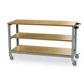 Mobiler Arbeitstisch Bedrunka+Hirth, Buche-Multiplex-Arbeitsplatten, 2 Fachböden, Schiebegriff, bis 400 kg, B 1200 x T 540 x H 880 mm, Stahlblech