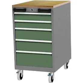 Mobiler Schubladenschrank Bedrunka+Hirth, Buche-Multiplex-Arbeitsplatte, 5 Schübe, Schiebegriffe, abschliessbar, bis 500 kg, B 555 x T 736 x H 990 mm