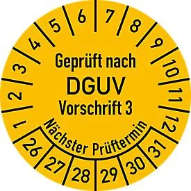 moedel Prüfplakette DGUV V3 2026?2031, Folie, gelb, Ø 20 mm ? 500 Stück/Rolle, wasserfest