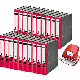 Ordner Leitz 1050, Rückenbreite 52 mm, 20 Stück + Locher Leitz 5008, 3 mm/30 Blatt, rot