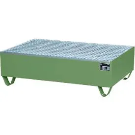 Auffangwanne, für 2 Fässer à 200 l, mit verzinktem Gitterrost, L 1200 x B 800 x H 360 mm, unterfahrbar, Stahl, resed.grün RAL 6011