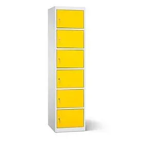 Akku Ladeschrank, 6 Abteile mit Zylinderschloss, CH-Stecker, Stahlblech lichtgrau RAL 7035/verkehrsgelb RAL 1023