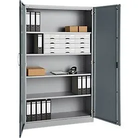 Büroschrank, 5 OH, abschliessbar, mit aufliegenden Türen, B 1200 mm, Basaltgrau/Weissalu