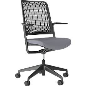 Bürostuhl WithMe, mit Armlehnen, Auto-Synchronmechanik, Flachsitz, perforierter Kunststoffrücken, abnehmbarer Sitzbezug, schwarz/grau