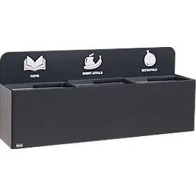 Bica Wertstoffsammler 811, 3 x 20 Liter, Wandmontage, pulverbeschichteter Stahl, B 1140 x T 290 x H 450 mm, schwarz