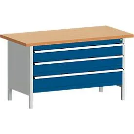 Bott Kastenwerkbank cubio, Arbeitsplatte Rotbuchenholz geölt, Stahlgestell lichtgrau/enzianblau, B 1500 x T 750 x H 840 mm, Tragkraft 1200 kg