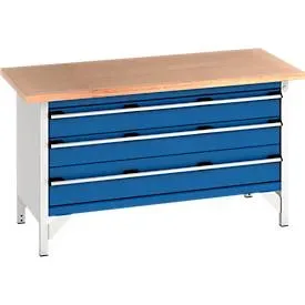 Bott Kastenwerkbank cubio, Buche-Multiplexplatte, B 1500 x T 750 x H 840 mm, Tragkraft 600 kg, 3 Schubladen, lichtgrau/enzianblau