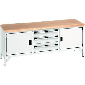 Bott Kastenwerkbank cubio, mit 3 Schubladen, Stahlgestell, Buche-Multiplexplatte, B 2000 x T 750 x H 840 mm, lichtgrau/lichtgrau