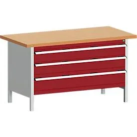 Bott Kastenwerkbank cubio, Stahlgestell, Arbeitsplatte Rotbuchenholz geölt, B 1500 x T 750 x H 840 mm, Tragkraft 1200 kg, purpurrot/lichtgrau