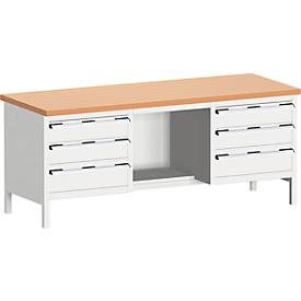Bott Werkbänke, massive Rotbuchenholz-Arbeitsplatte, B 2000 x T 750 x H 840 mm, Tragkraft 1250 kg, lichtgrau