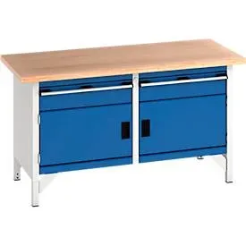 Bott Werkbank cubio Kastenwerkbank mit 2 Schubladen, Buche-Multiplexplatte, B 1500 x T 750 x H 840 mm, enzianblau/lichtgrau
