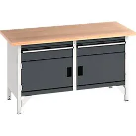 Bott Werkbank cubio Kastenwerkbank mit 2 Schubladen, Buche-Multiplexplatte, B 1500 x T 750 x H 840 mm, lichtgrau/lichtgrau