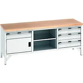 Bott Werkbank cubio Kastenwerkbank mit 4 Schubladen, Buche-Multiplexplatte, B 2000 x T 750 x H 840 mm, lichtgrau RAL 7035