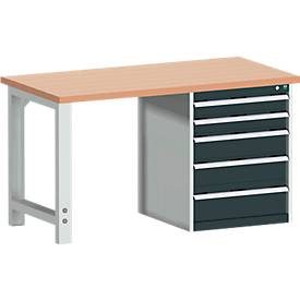 Bott Werkbank cubio, mit Schubladenschrank, Rotbuchenholz, B 1500 x T 750 x H 840 mm, 1200 kg, anthrazit/lichtgrau RAL 7035
