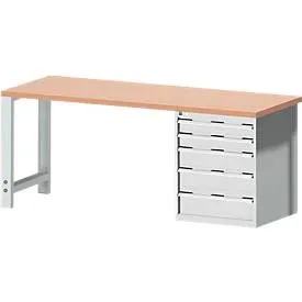 Bott Werkbank cubio, mit Schubladenschrank, Rotbuchenholz, B 2000 x T 750 x H 840 mm, 700 kg, lichtgrau RAL 7035