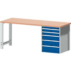 Bott Werkbank cubio, mit Schubladenschrank, Rotbuchenholz, B 2000 x T 750 x H 840 mm, 1200 kg, enzianblau/lichtgrau
