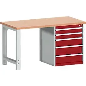 Bott Werkbank cubio, mit Schubladenschrank, Stahlgestell, Rotbuchenholzplatte 40 mm, B 1500 x T 750 x H 840 mm, 1200 kg, purpurrot RAL 3004/lichtgrau RAL 7035