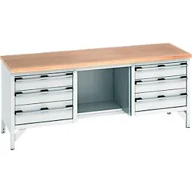 Bott Werkbank, Buche-Multiplexplatte, B 2000 x T 750 x H 840 mm, Tragkraft 600 kg, lichtgrau RAL 7035